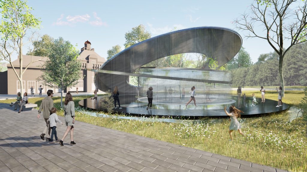 A pavilion that explores fluidity and transparency through water, transforming rain into a spatial experience with dynamic light, reflections, and movement.